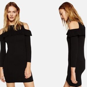 Zara Black Off-Shoulder Ruffled Bodycon Knit Dress | L